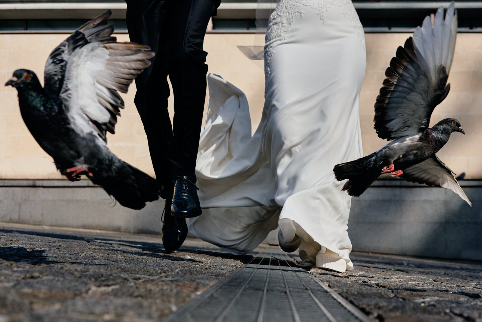 couple qui courre au vers les pigeons qui s'envollent