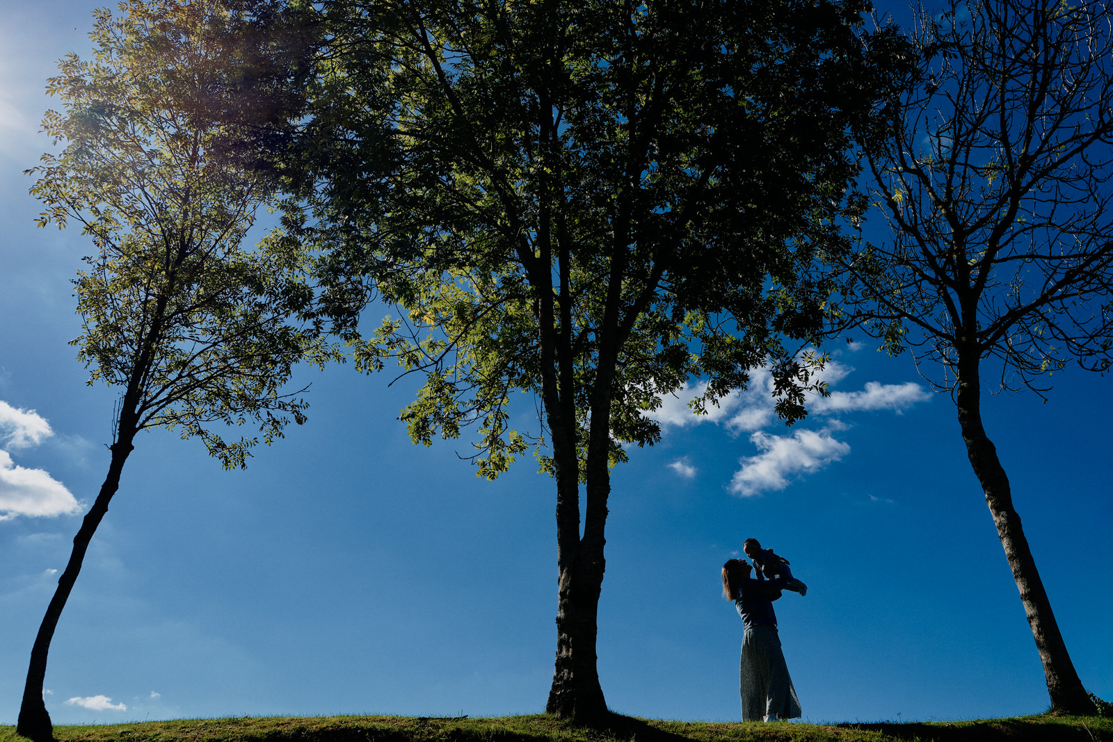 Photo d'une mère et sa fille en silhouette entre des arbres sur fond de ciel bleu